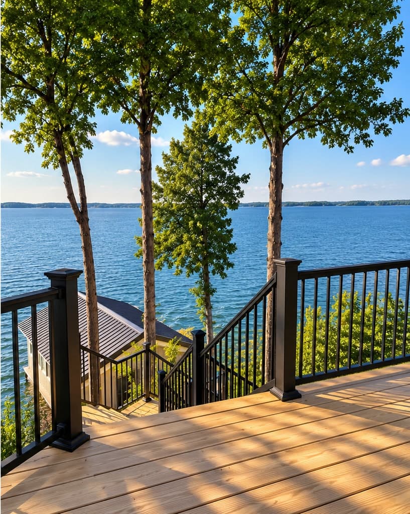 Deck staircase leading down to the boathouse and dock, framed by trees