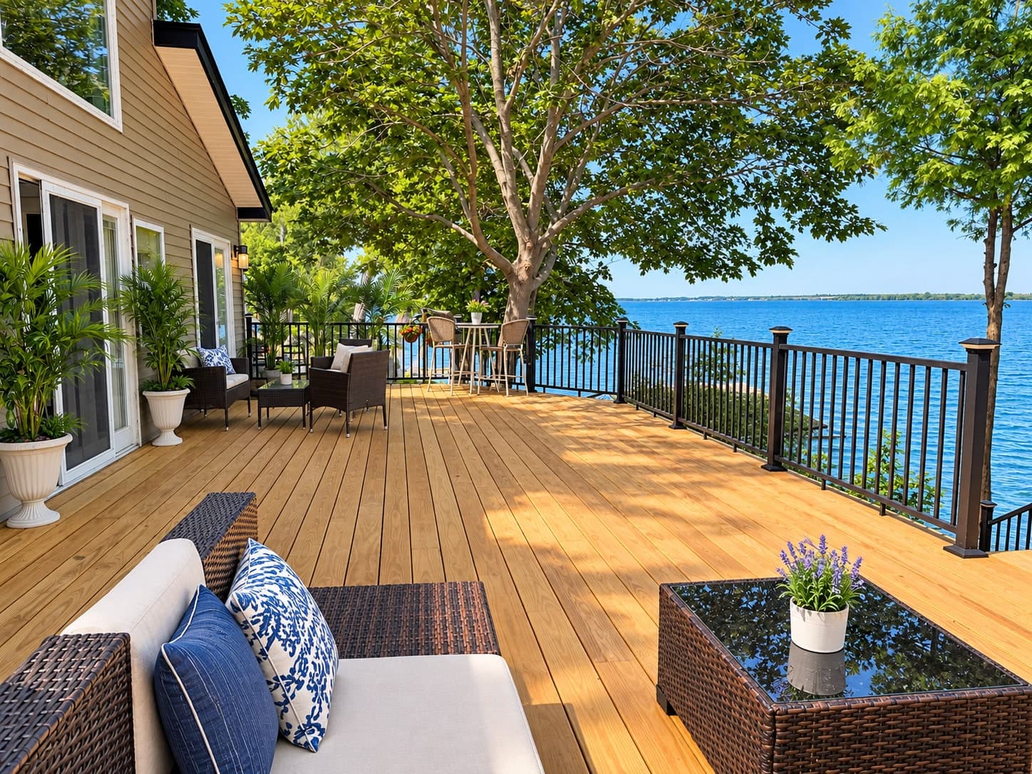 Expansive lakefront deck overlooking the water at Pillar Point Private Reserve
