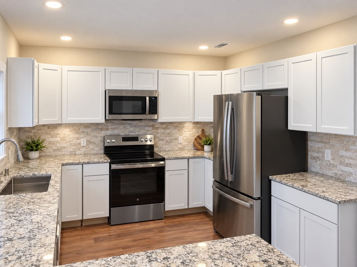 Fully equipped kitchen with white cabinetry and granite counters