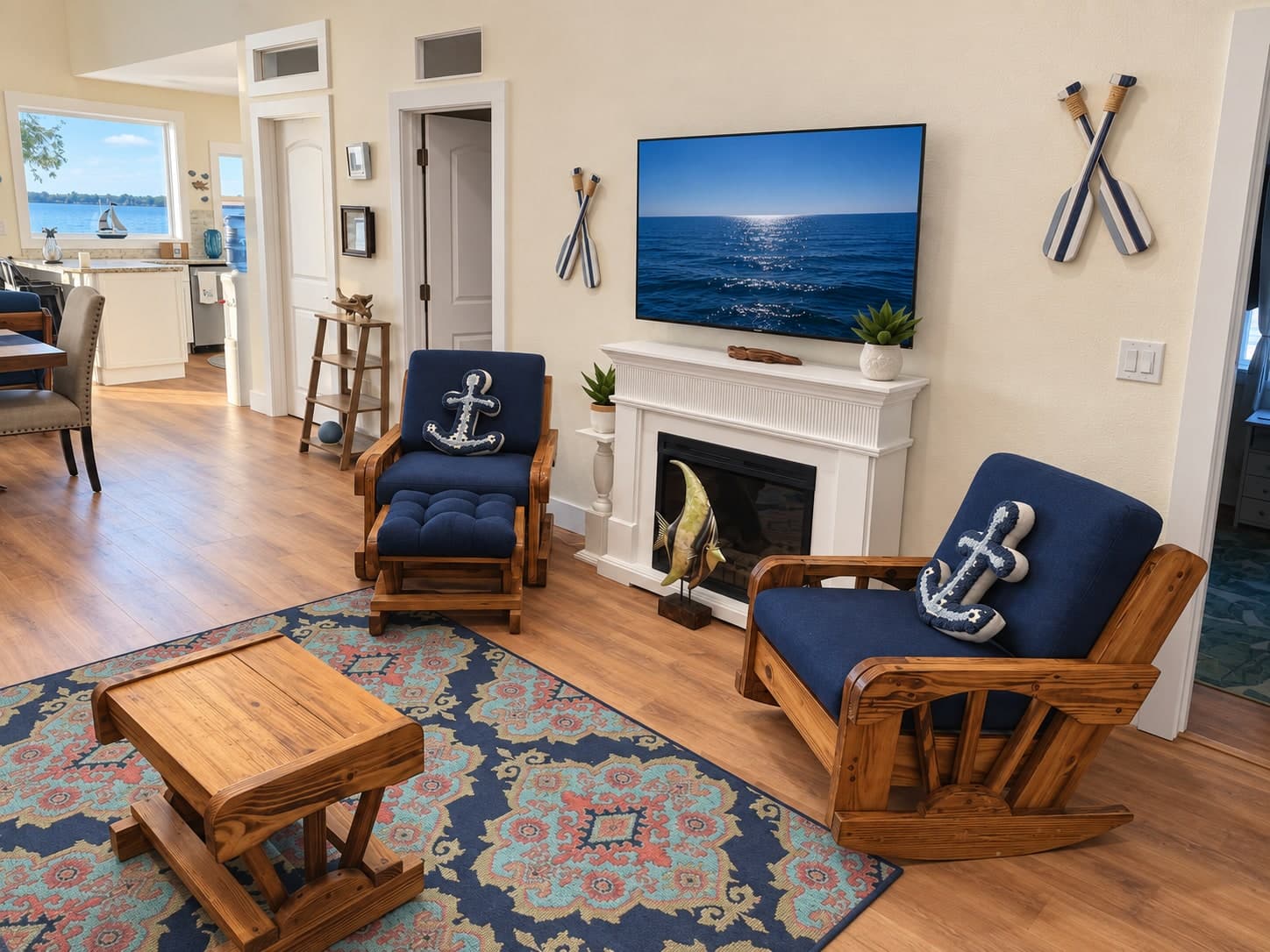 Living room seating beside the fireplace