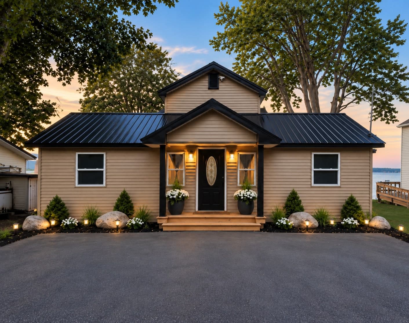 Front exterior of the lakefront residence at dusk, set back to show the waterfront